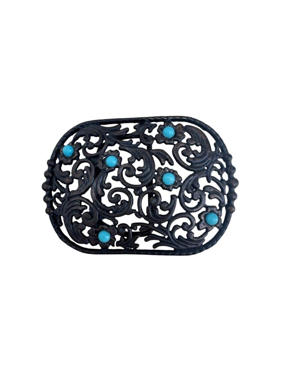 Vintage Ornate Western Belt Buckle With Turquoise Accents Fits 1 1/2" Belt 3 1/4